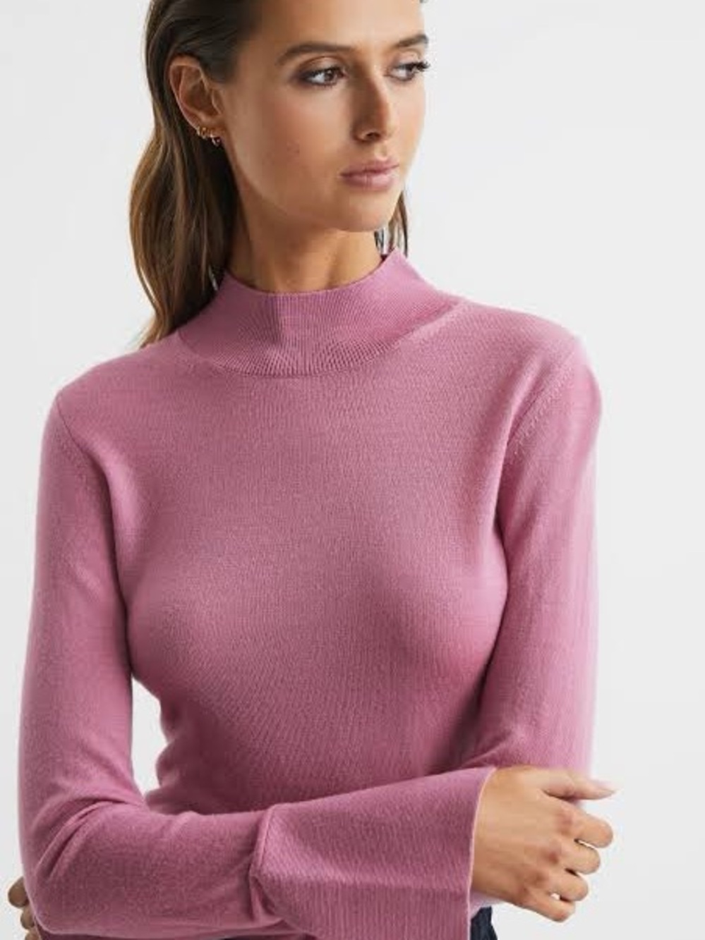 REISS Sasha 100% merino wool split sleeve mockneck sweater - pink NWT